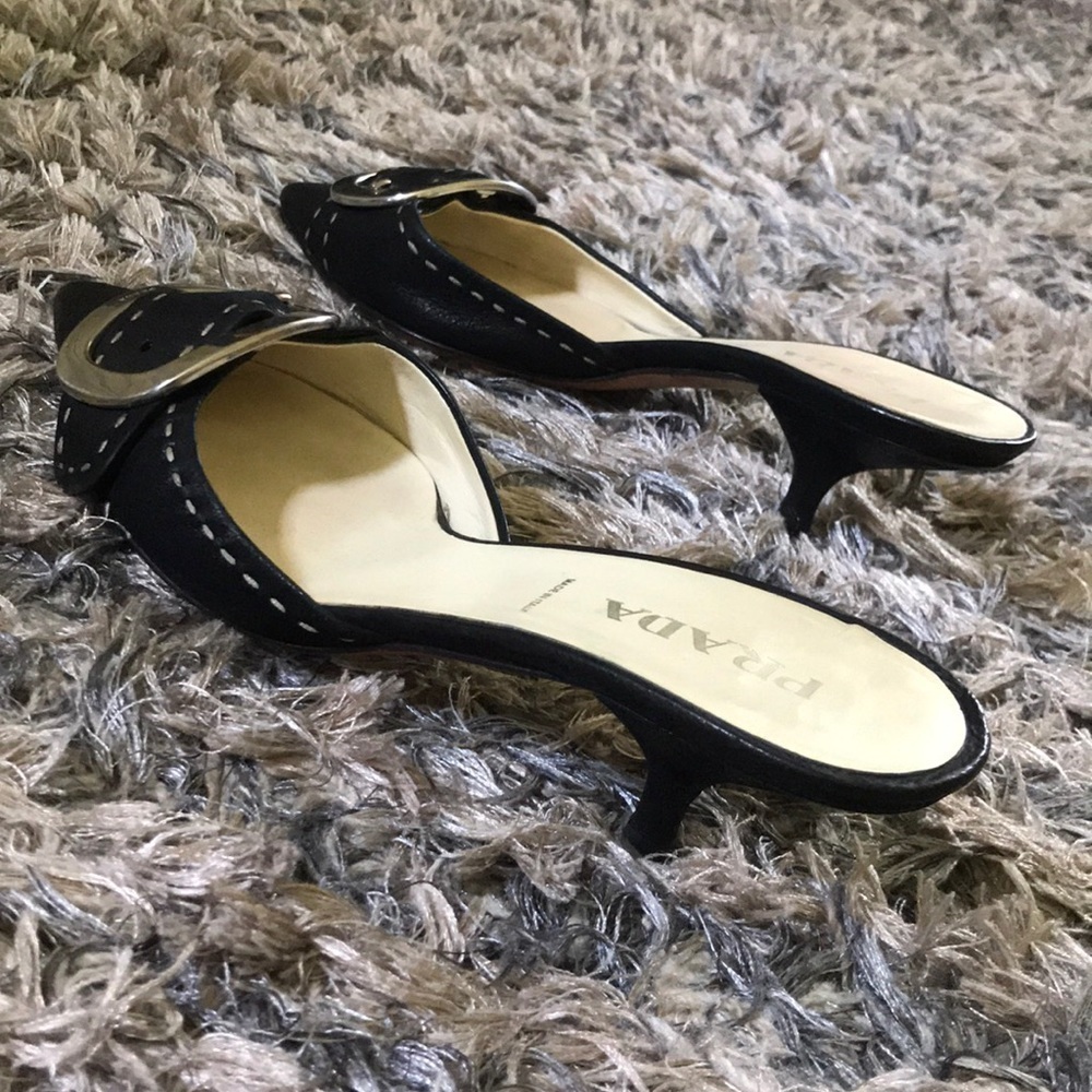 Prada Black Leather Buckle Mules White Contrast Stitch Kitten Heel 35.5 - Picture 4 of 7